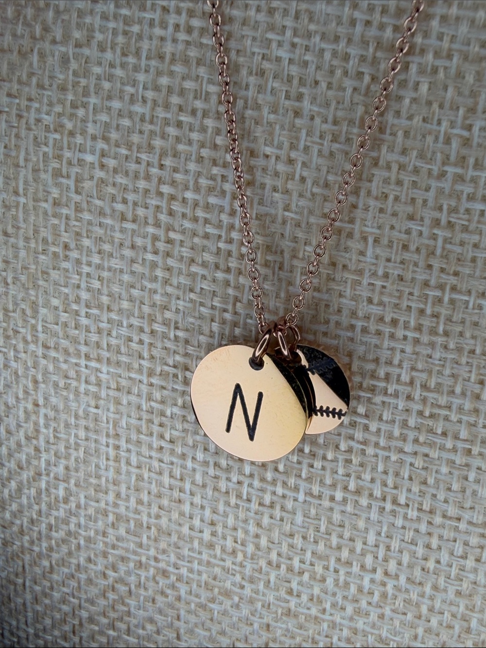 Personalized Rosetone Baseball Necklace with N Initial Charm